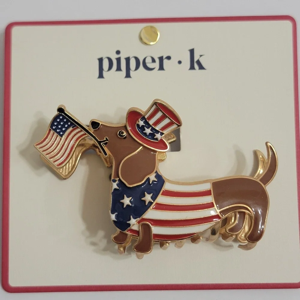 Piper K Patriotic Dachshund Hair Claw Clip American Flag Wiener Dog Enamel Gold